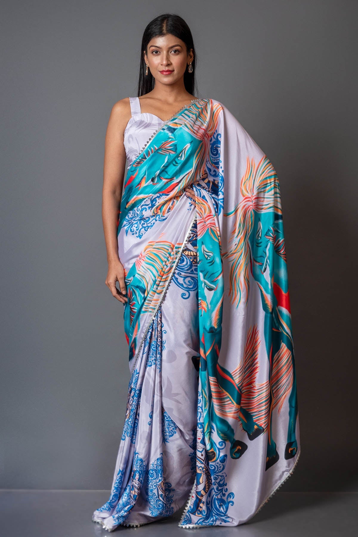 Buy Light Grey Printed Crepe Saree Online